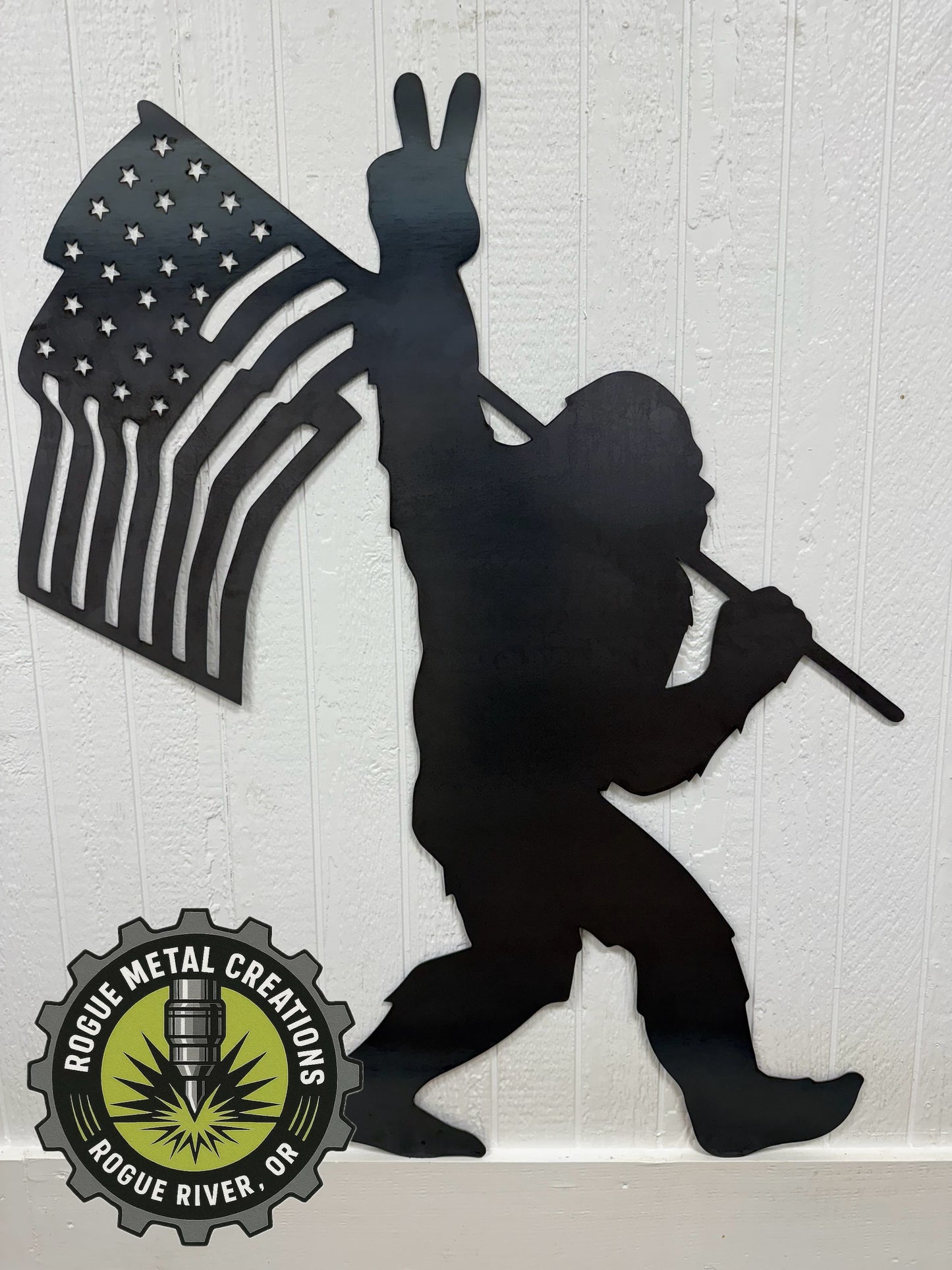 BIGFOOT / SASQUATCH with AMERICAN FLAG and PEACE SIGN - Metal Art - Steel Decor