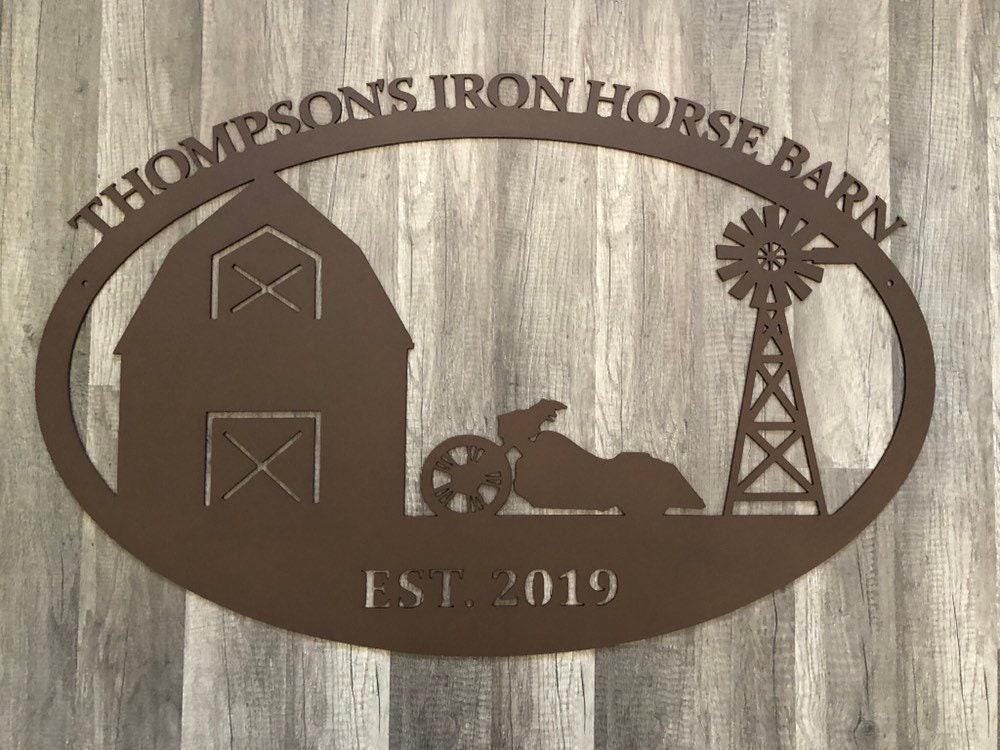 Farm & Ranch Sign - Motorcycle, Barn, Windmill - Personalized Steel Sign - Metal Art