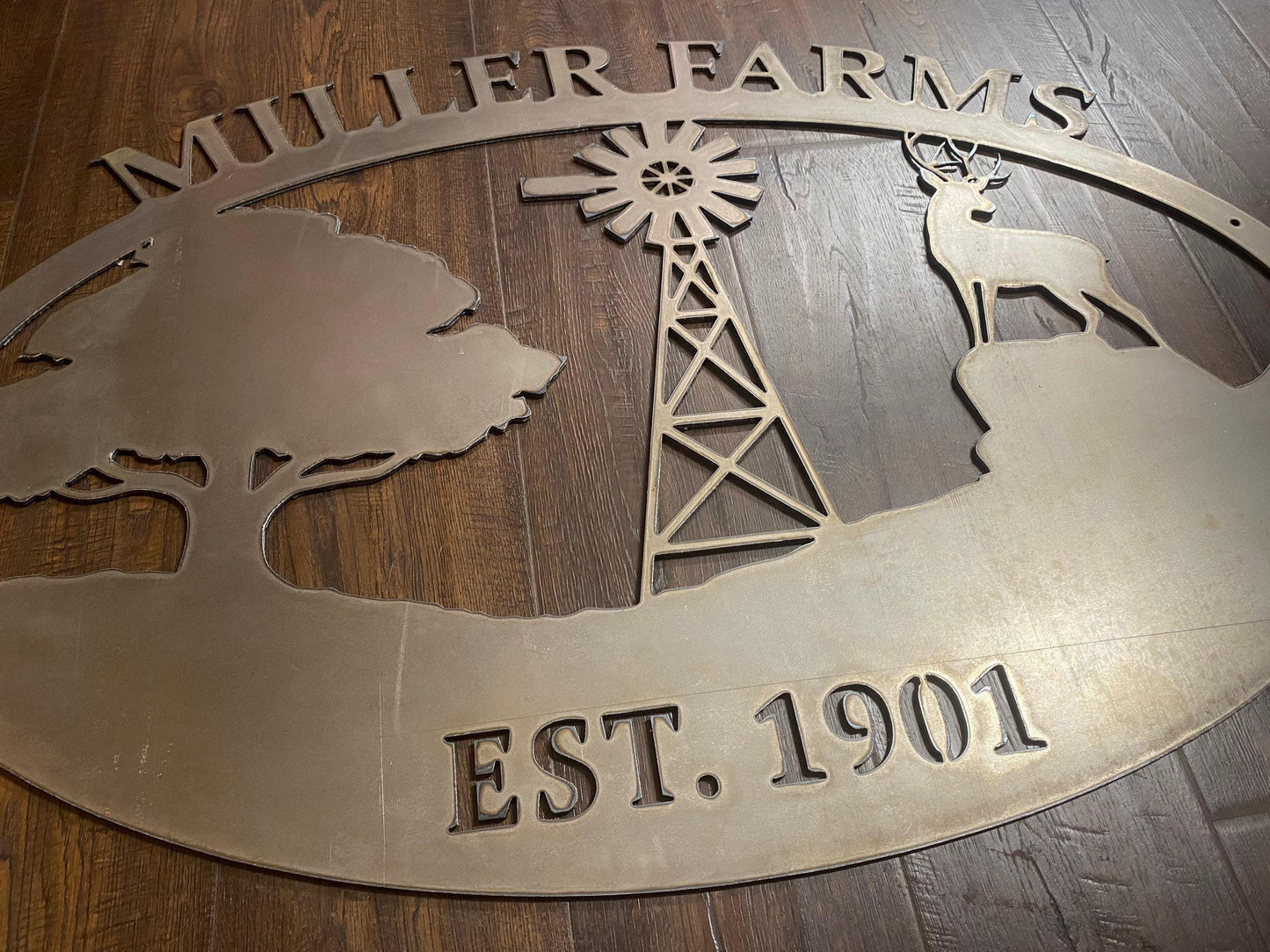 Farm & Ranch Sign - Tree, Windmill, Deer - Personalized Steel Sign - Metal Art