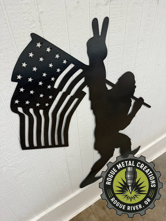 BIGFOOT / SASQUATCH with AMERICAN FLAG and PEACE SIGN - Metal Art - Steel Decor