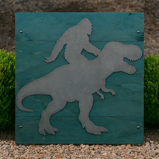 BIGFOOT/SASQUATCH Riding DINOSAUR - Funny Wall Art - Metal Art - Steel Decor
