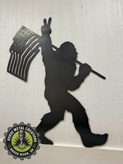 BIGFOOT / SASQUATCH with AMERICAN FLAG and PEACE SIGN - Metal Art - Steel Decor