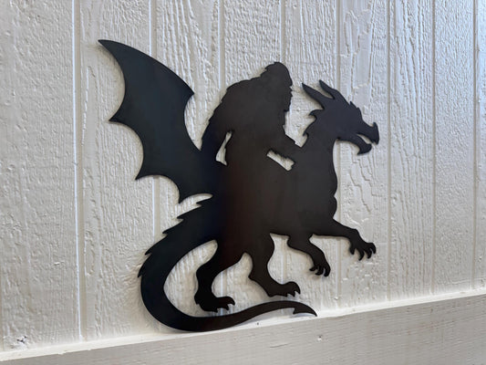 BIGFOOT Riding DRAGON - Funny Wall Art - Metal Art - SASQUATCH - Yeti - Gift Idea - Yard Art - Decorative Steel Sign