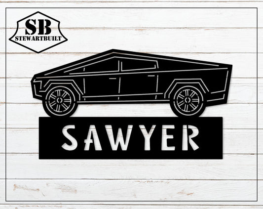 CYBER TRUCK - Kid's Bedroom Sign - Personalized Steel Sign - Metal Art - SQ100