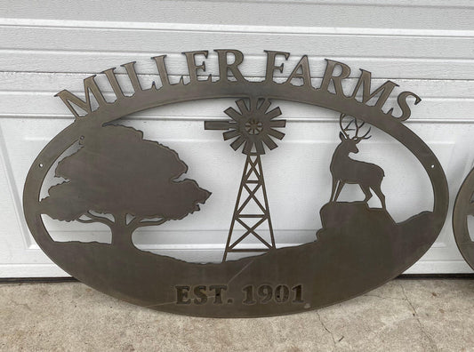 Farm & Ranch Sign - Tree, Windmill, Deer - Personalized Steel Sign - Metal Art