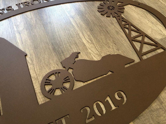 Farm & Ranch Sign - Motorcycle, Barn, Windmill - Personalized Steel Sign - Metal Art