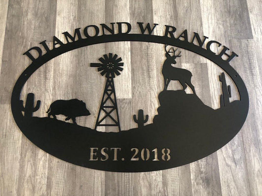 Farm & Ranch Desert Sign - Boar, Deer, Windmill - Personalized Steel Sign - Metal Art