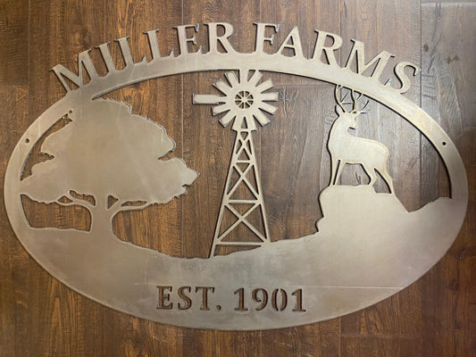 Farm & Ranch Sign - Tree, Windmill, Deer - Personalized Steel Sign - Metal Art