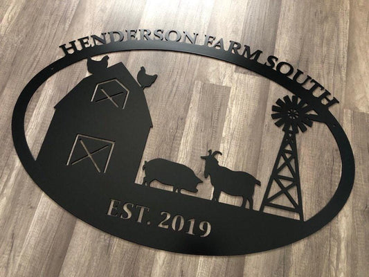 Farm & Ranch Sign - Barn, Pig, Goat, Windmill - Personalized Steel Sign - Metal Art