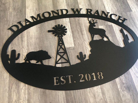 Farm & Ranch Desert Sign - Boar, Deer, Windmill - Personalized Steel Sign - Metal Art