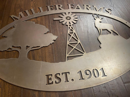 Farm & Ranch Sign - Tree, Windmill, Deer - Personalized Steel Sign - Metal Art