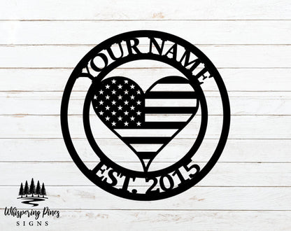 Patriotic USA FLAG HEART Personalized Steel Sign - Metal Art - American Flag Heart - SQ100