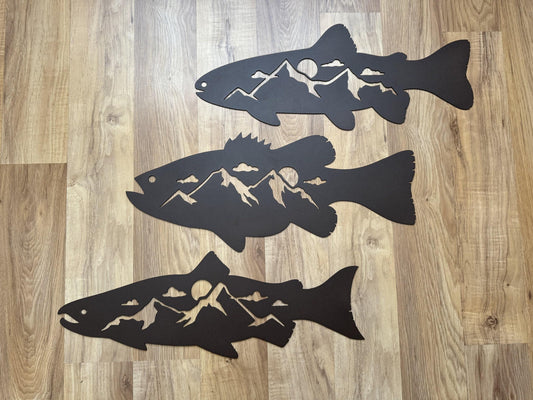 Fish Mountain Scene Metal Art - Trout, Bass or Salmon - Steel Signs