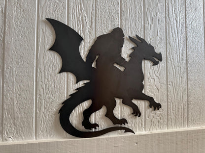 BIGFOOT Riding DRAGON - Funny Wall Art - Metal Art - SASQUATCH - Yeti - Gift Idea - Yard Art - Decorative Steel Sign