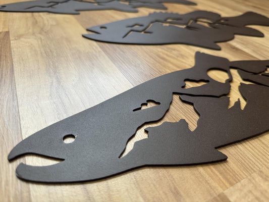 Fish Mountain Scene Metal Art - Trout, Bass or Salmon - Steel Signs